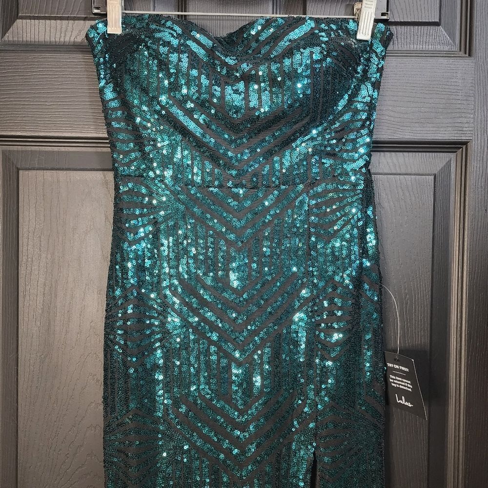 Lulus 'Dazzling Magic' Teal and Black Sequin Strapless Maxi Dress - Picture 6 of 16